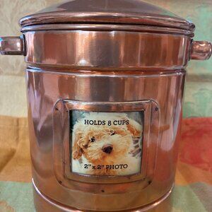 Treat bin with copper finish and photo slot